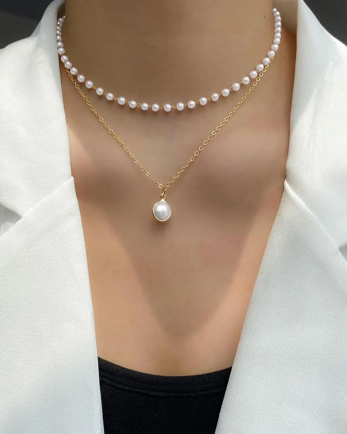 Pearl Necklaces for Women 14k Gold Plated Layered Pearl Necklaces Dainty Pearl Pendant Necklace Freshwater Pearls Choker Necklace Wedding Pearl Necklaces Pearl Jewelry Gifts