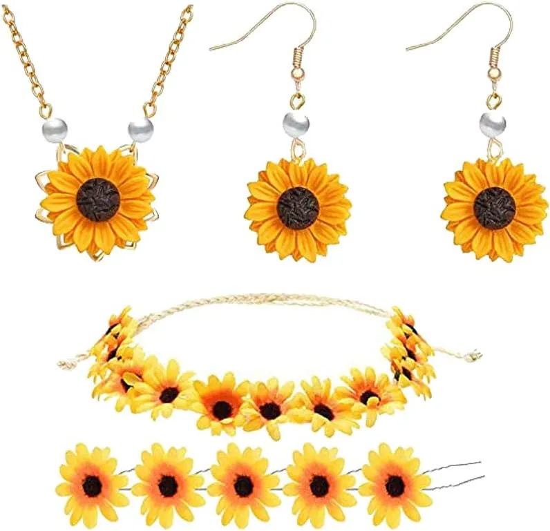 Picano 8 Pieces Sunflower Pendant Necklace Sunflower Drop Earrings Sunflower Hair Clip Sunflower Boho Headband Wreath for Women Jewelry Accessories