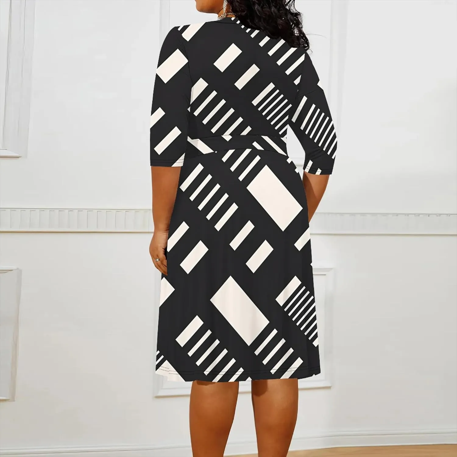 Plus Size Dress for Women Flowy 3/4 Sleeve V Neck Printing Midi Dresses Sexy Wrap Cocktail Party Dress Empire Waist with Belt