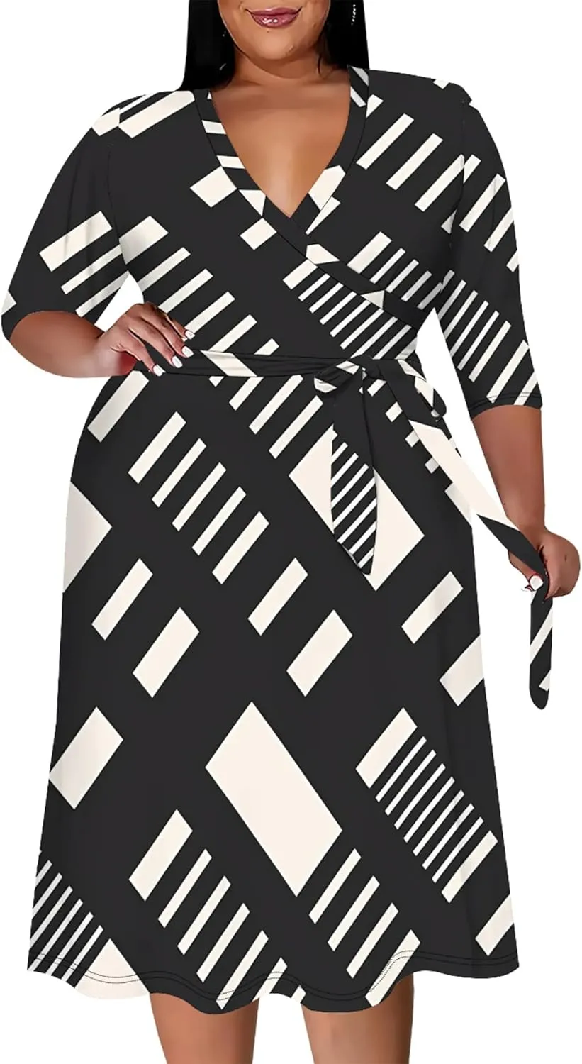 Plus Size Dress for Women Flowy 3/4 Sleeve V Neck Printing Midi Dresses Sexy Wrap Cocktail Party Dress Empire Waist with Belt