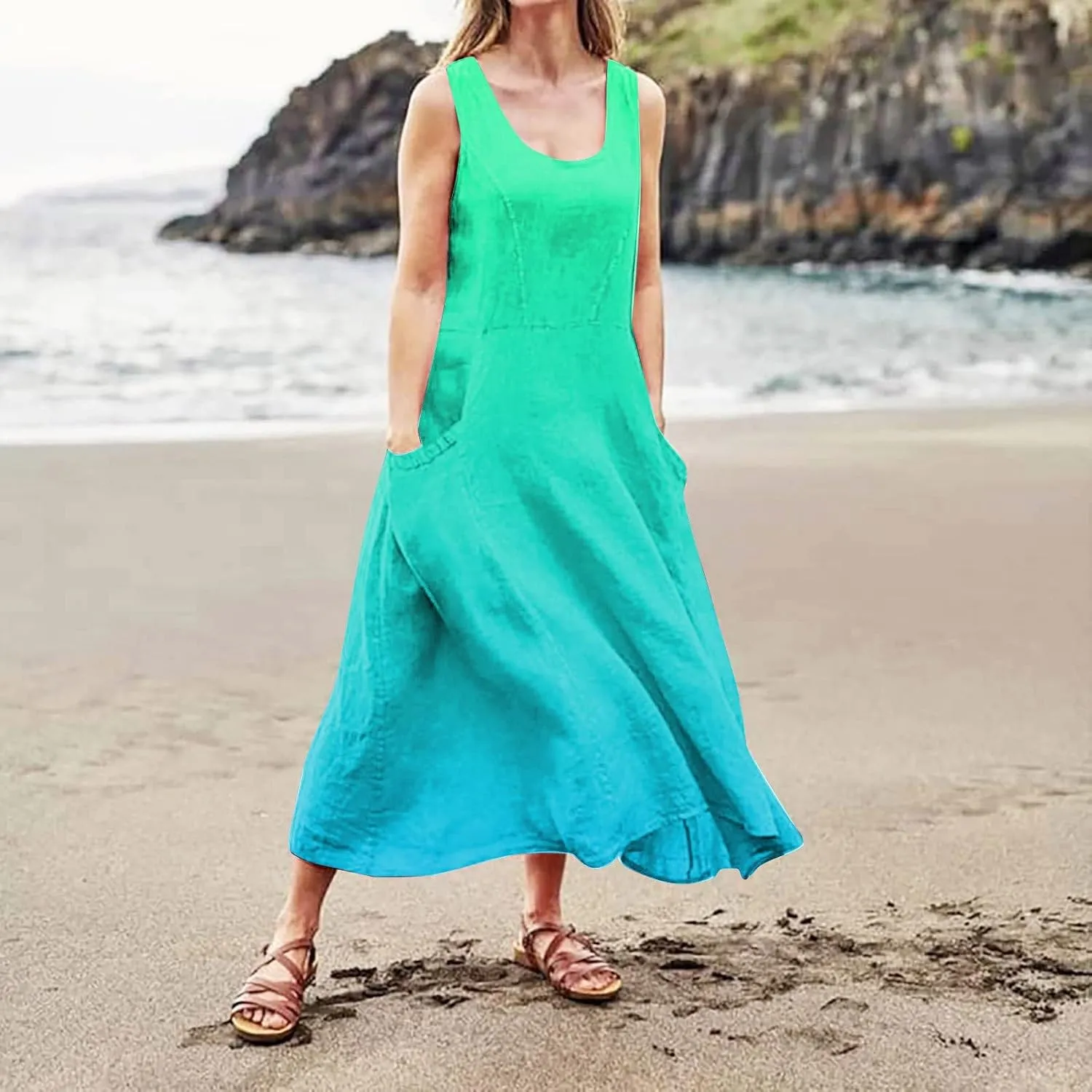 Plus Size Summer Dresses U Neck Sleeveless Sundress A-Line Floral Print Boho Dress Casual Beach Dress with Pockets