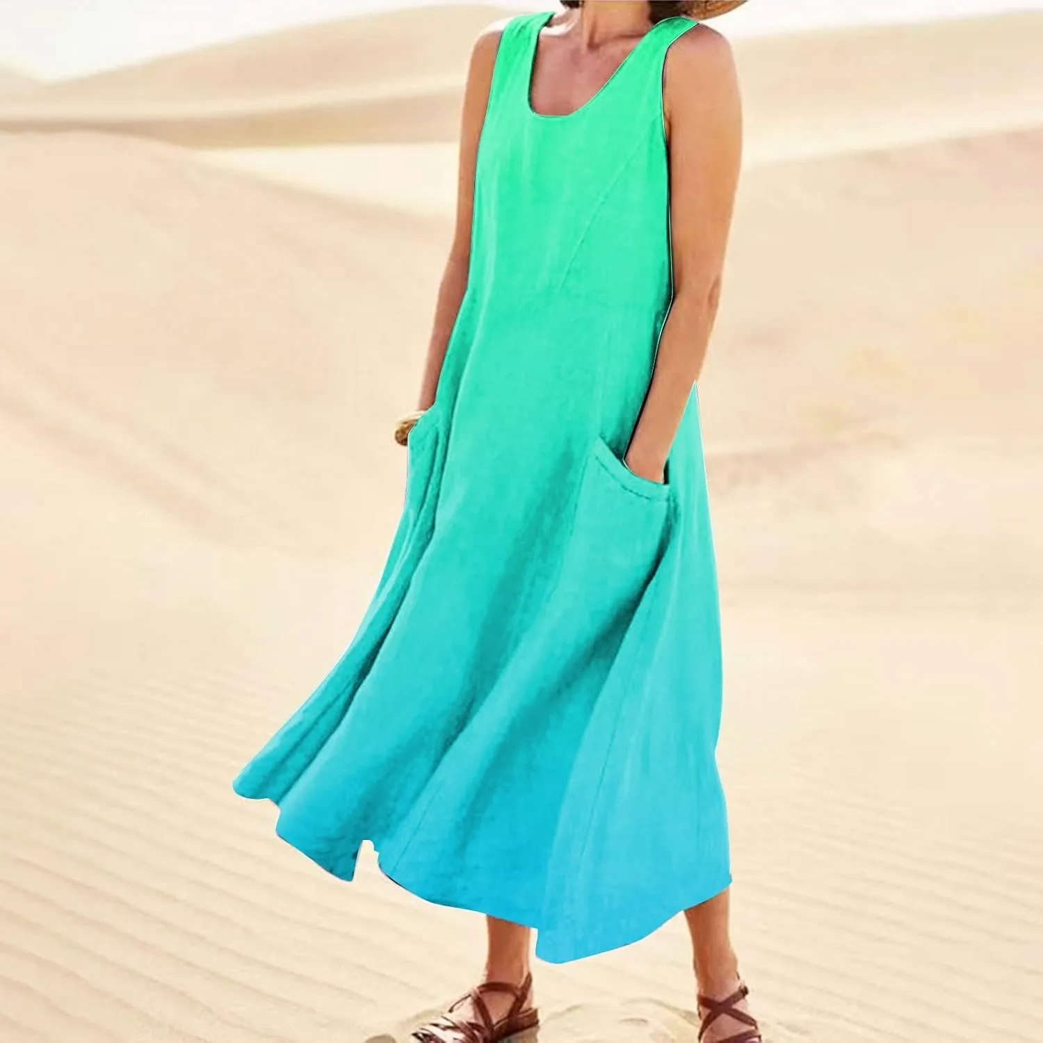 Plus Size Summer Dresses U Neck Sleeveless Sundress A-Line Floral Print Boho Dress Casual Beach Dress with Pockets