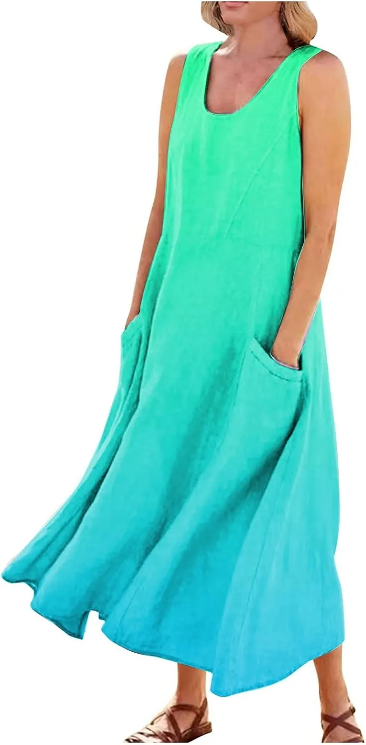 Plus Size Summer Dresses U Neck Sleeveless Sundress A-Line Floral Print Boho Dress Casual Beach Dress with Pockets
