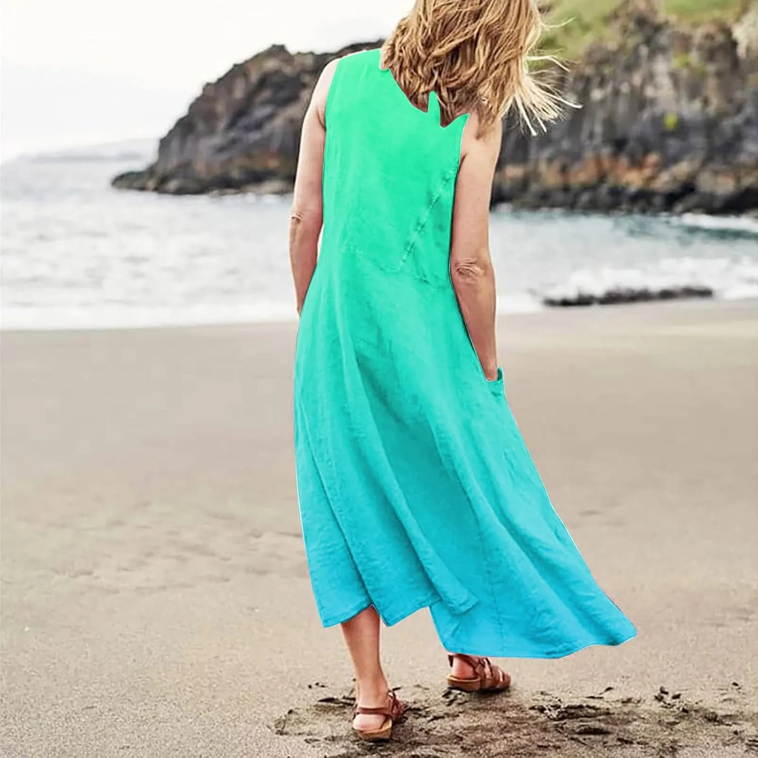 Plus Size Summer Dresses U Neck Sleeveless Sundress A-Line Floral Print Boho Dress Casual Beach Dress with Pockets