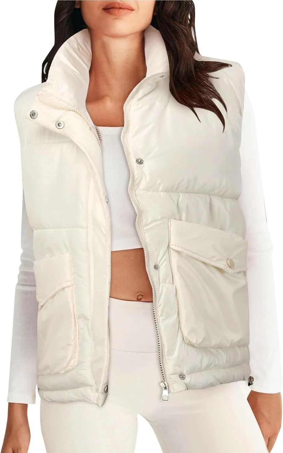 Puffer Vest Women Sleeveless Winter Cropped Down Coats Thickened Outerwear Warm Stand-up Collar Down Vests with Pockets