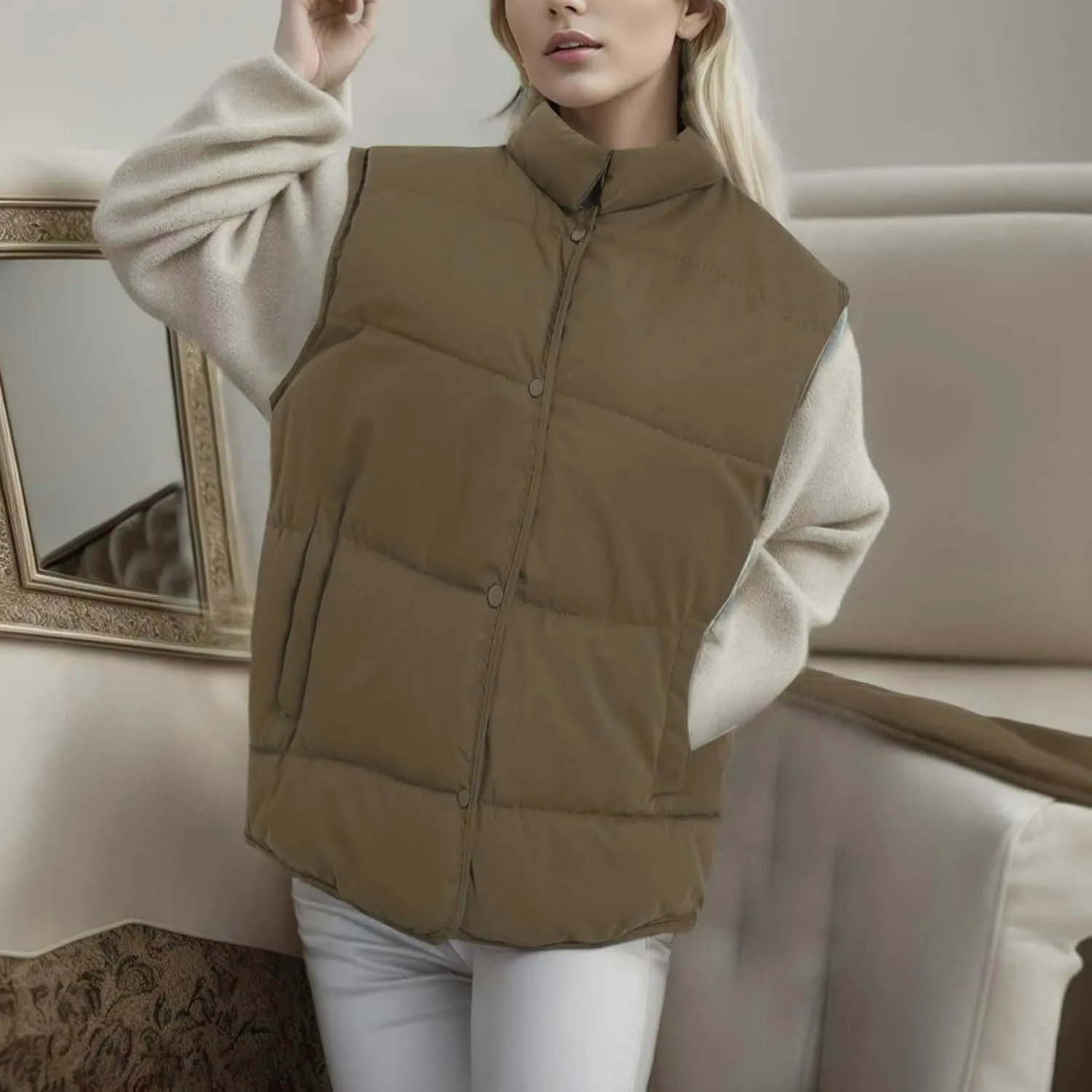 Puffer Vest Women Sleeveless Winter Zip Up Outerwear Warm Puffer Lightweight Stand-up Collar Down Vests with Pocket