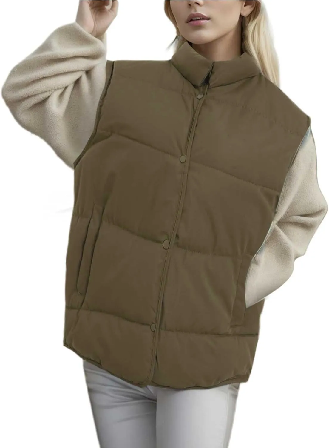 Puffer Vest Women Sleeveless Winter Zip Up Outerwear Warm Puffer Lightweight Stand-up Collar Down Vests with Pocket