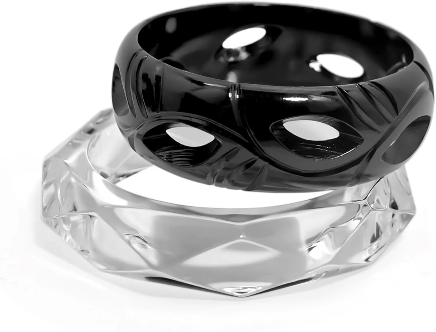 Pure Hands Handmade Bangle Set - Power Wings Studio - Black Resin with Floral Carving & Crystal Clear Acrylic Bracelets, Elegant Medium-Size Jewelry for Women.
