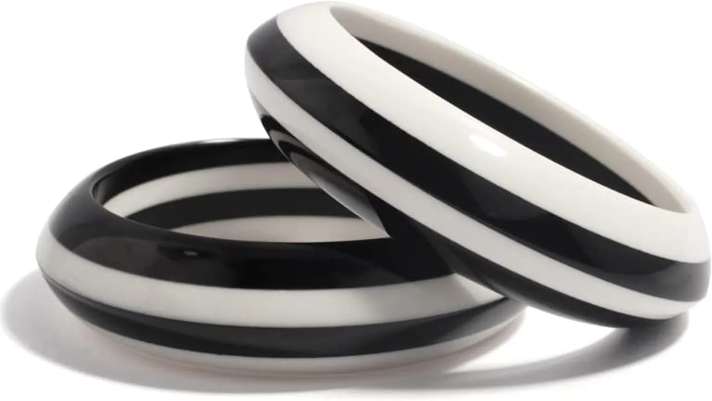 Pure Hands Handmade Resin Bangle Set ??Melody of Bianco e Nero Black and White Trio | Modern Joinery Art Statement Jewelry for Women Studio