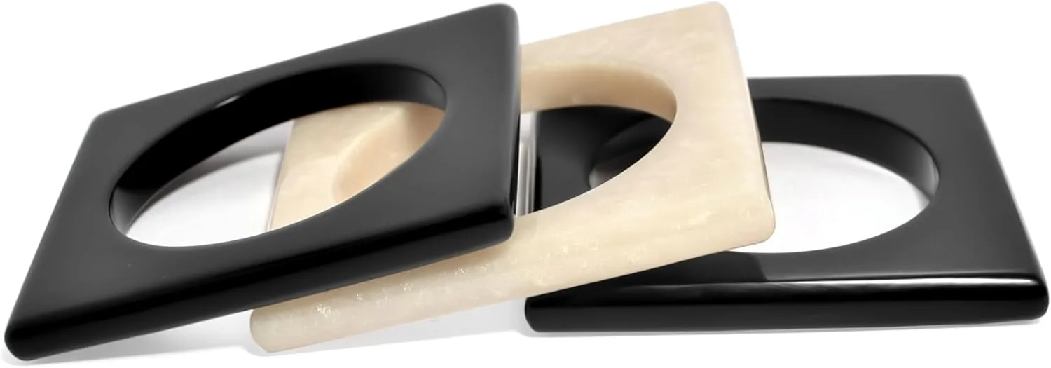 Pure Hands Resin Bangle Bracelet Set for Women ??Midnight Mirage Collection Studio | Handmade Chunky Boho Square Bangles in Black and White | Satin Finish