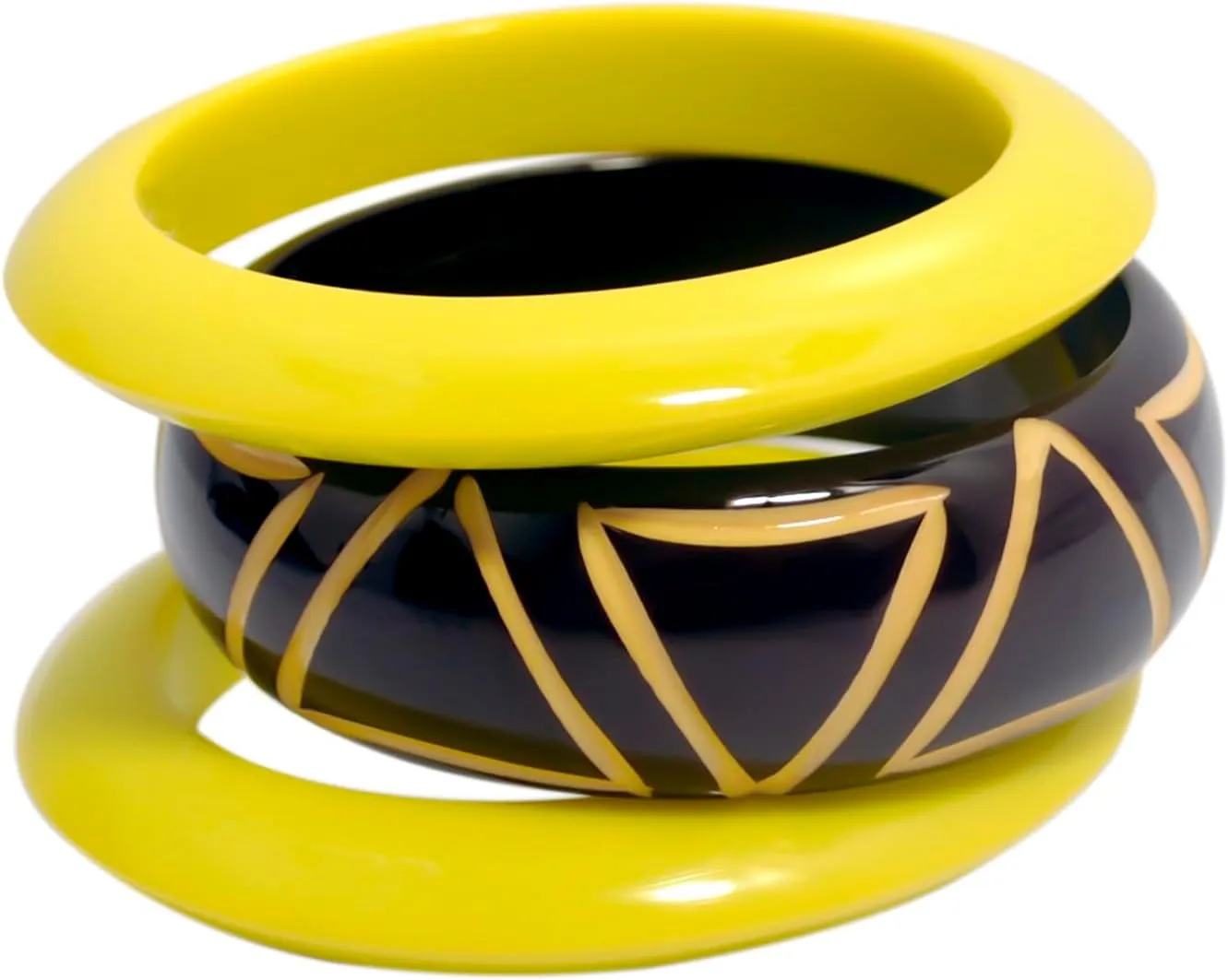 Pure Hands Resin Bangle Bracelet Set ??Handcrafted Trio in Black and Yellow | Artistic Geometric Carving | Bold Statement Jewelry Studio | Shields Design