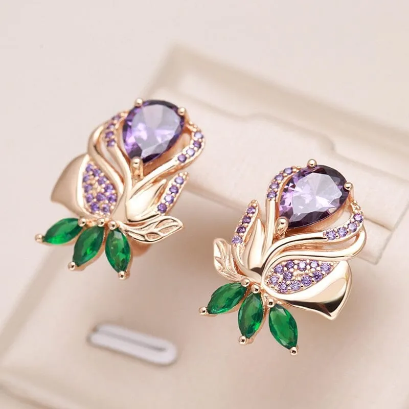 Purple Rose Flower Amethyst Drop Earrings