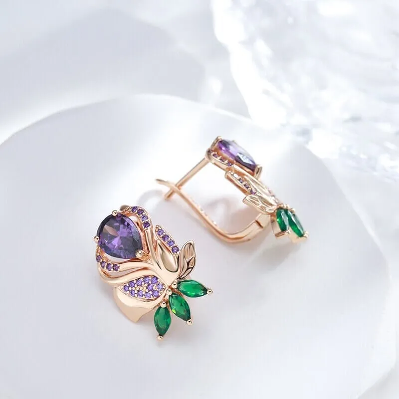 Purple Rose Flower Amethyst Drop Earrings