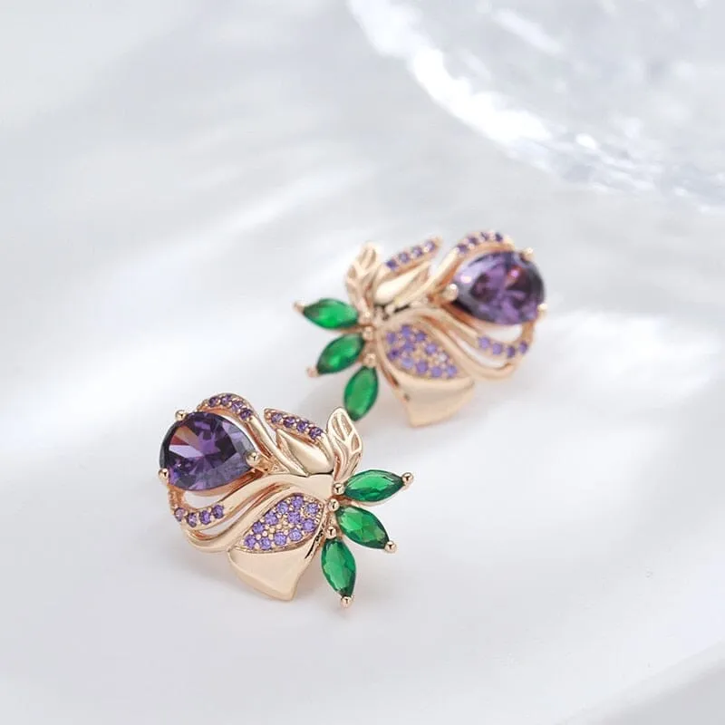 Purple Rose Flower Amethyst Drop Earrings