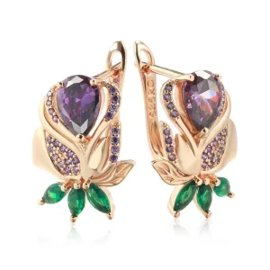 Purple Rose Flower Amethyst Drop Earrings