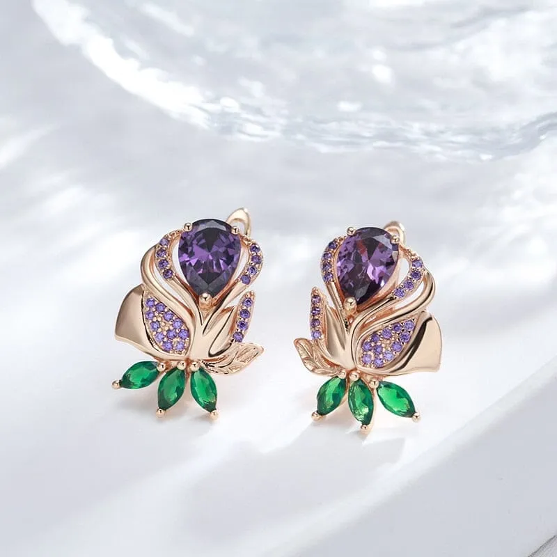 Purple Rose Flower Amethyst Drop Earrings