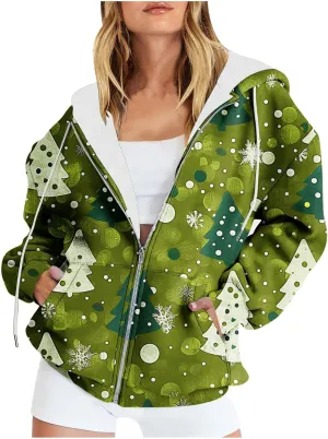 Quilted Jackets for Women Casual Christmas Print Winter Coats Full Zip Hoodies Long Sleeve Sweatshirt with Pockets