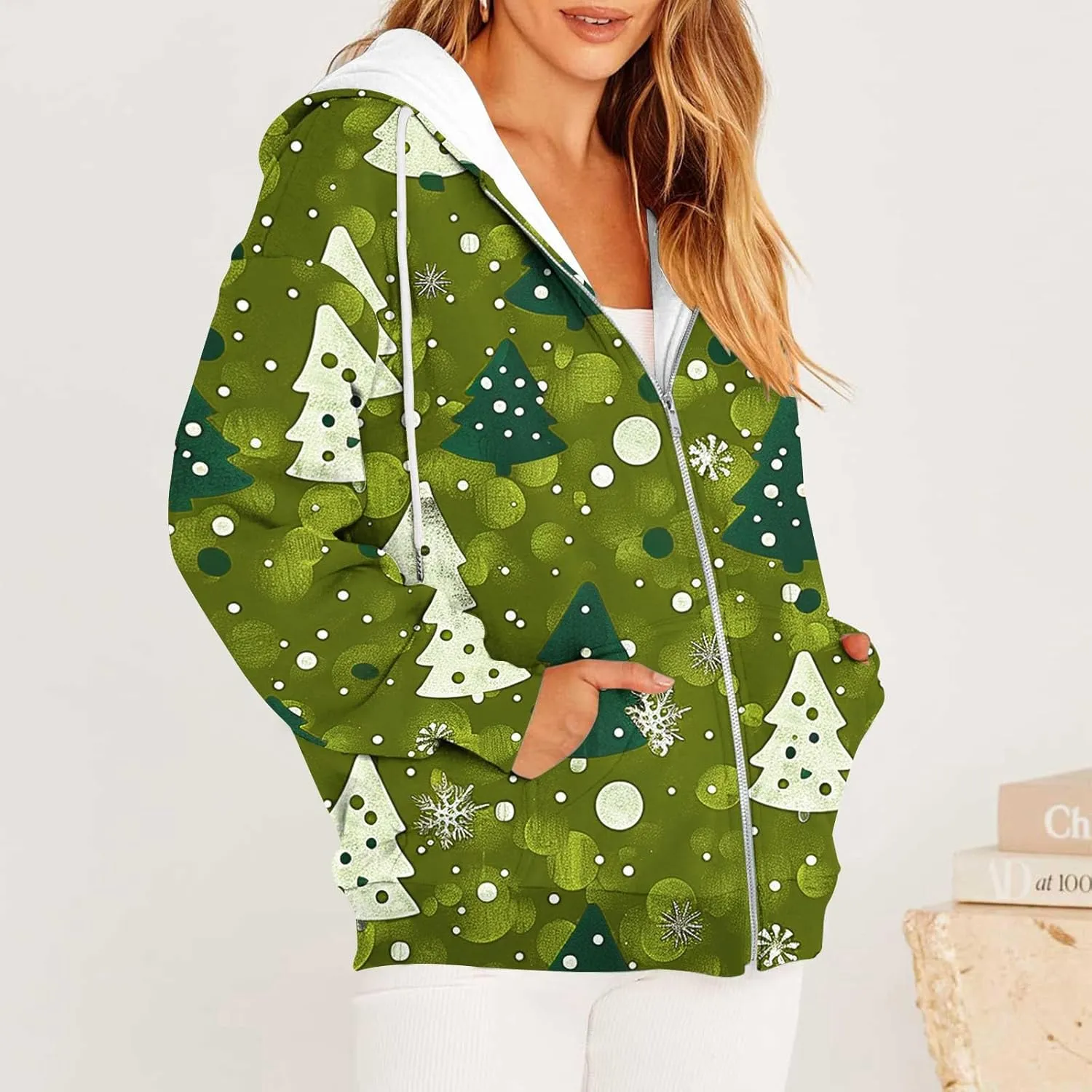 Quilted Jackets for Women Casual Christmas Print Winter Coats Full Zip Hoodies Long Sleeve Sweatshirt with Pockets