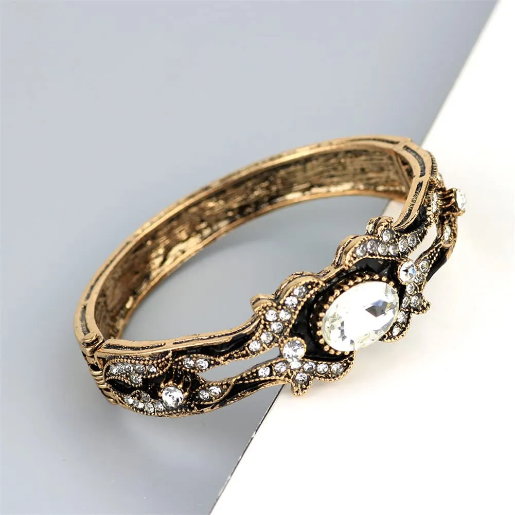 Retro Gold Color Bohemian Bangle Cuff Bracelet For Women Turkish Crystal Pearl Wedding Jewelry Bride Gift