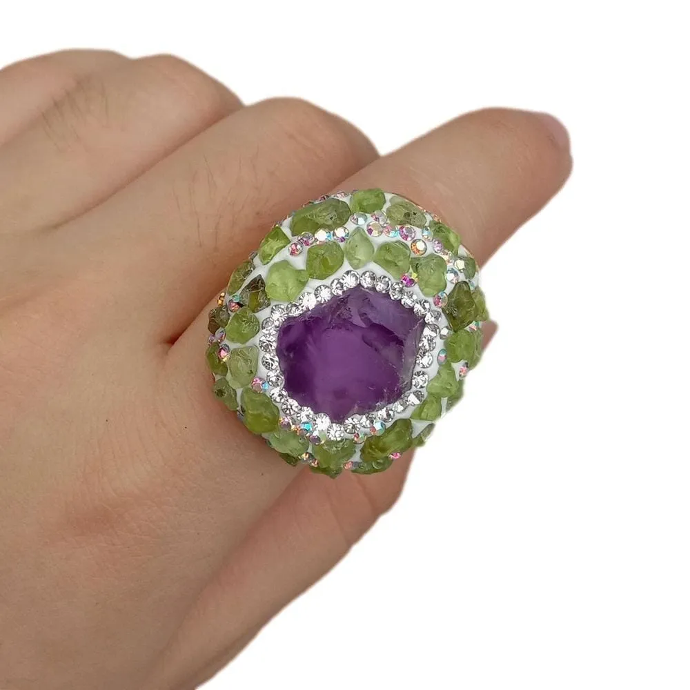 Rough Raw Amethyst Peridot Adjustable Ring