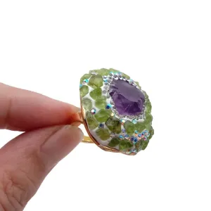 Rough Raw Amethyst Peridot Adjustable Ring