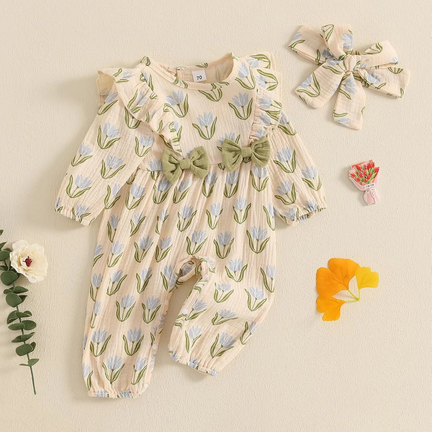 SAYOO Smocked Baby Girl Clothes Cotton Linen Floral Bubble Romper Long Leg Bodysuit Frill Trim Ruffle One-Piece Jumpsuit