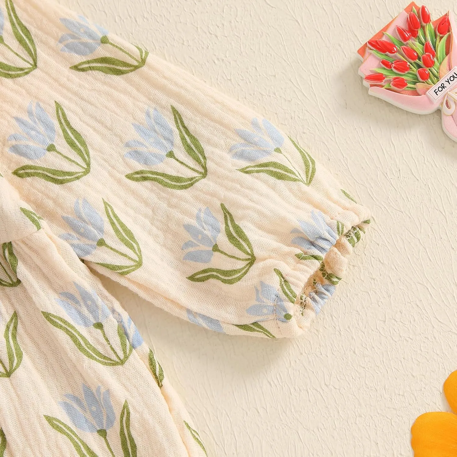 SAYOO Smocked Baby Girl Clothes Cotton Linen Floral Bubble Romper Long Leg Bodysuit Frill Trim Ruffle One-Piece Jumpsuit