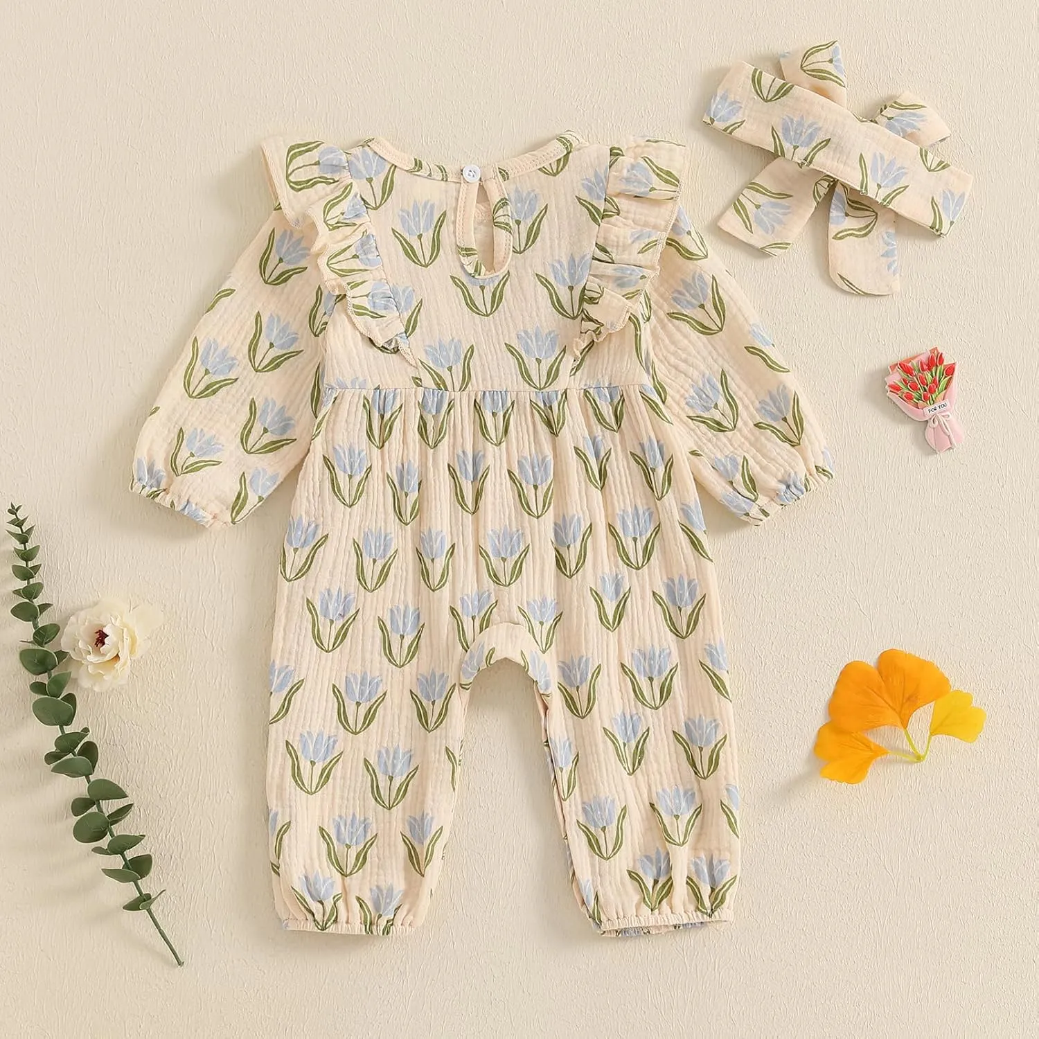 SAYOO Smocked Baby Girl Clothes Cotton Linen Floral Bubble Romper Long Leg Bodysuit Frill Trim Ruffle One-Piece Jumpsuit