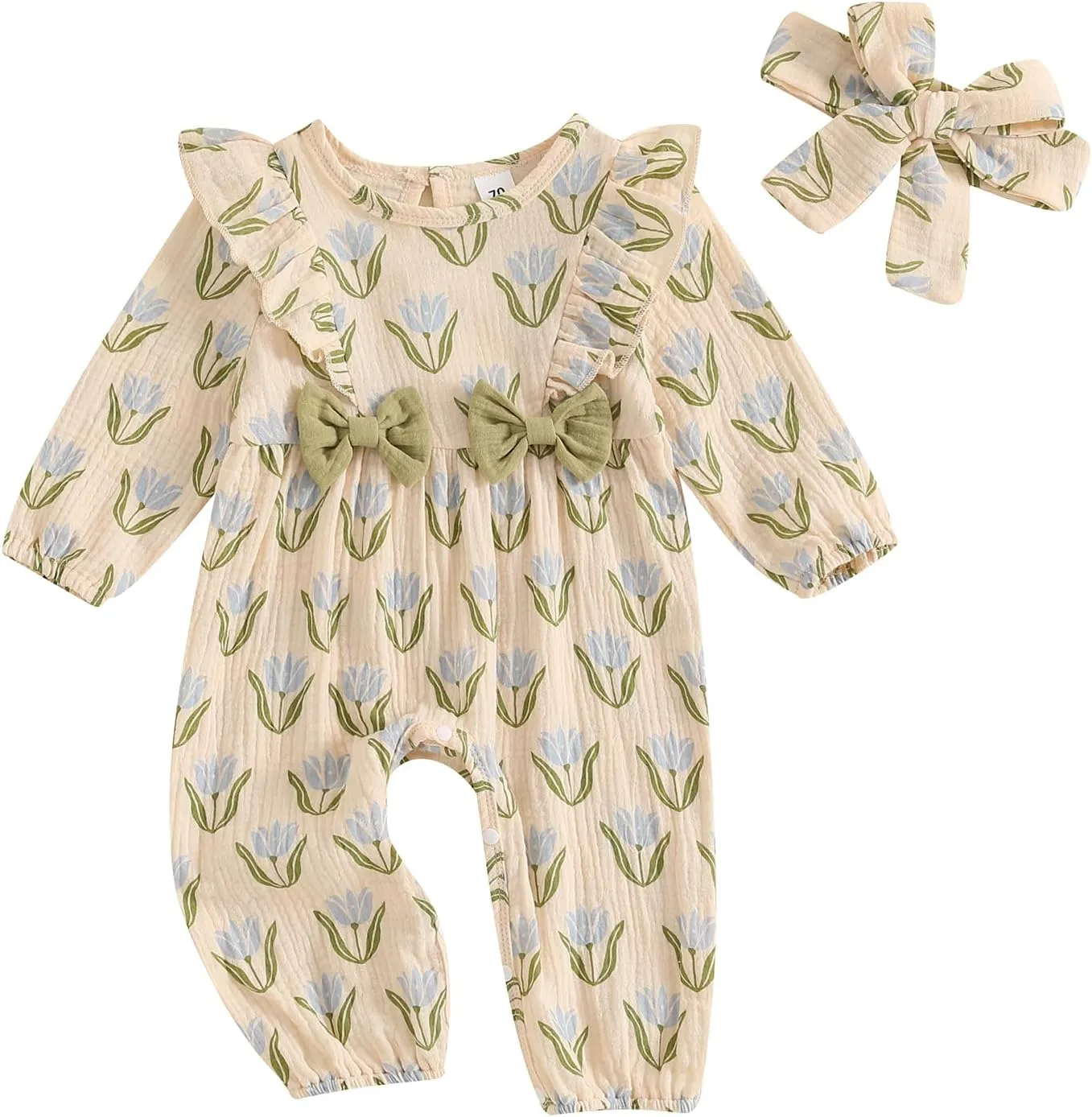 SAYOO Smocked Baby Girl Clothes Cotton Linen Floral Bubble Romper Long Leg Bodysuit Frill Trim Ruffle One-Piece Jumpsuit