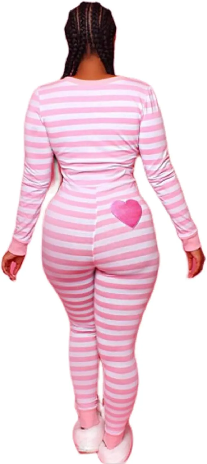 Seyurigaoka Women's Striped Christmas Pajamas One Piece Sleepwear Holiday Ugly Xmas Jumpsuit Rompers Clubwear Nightwear