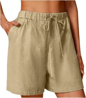 Shorts for Women 2025 Trendy Linen Shorts Casual Summer Plus Size Beach Shorts with Pockets Comfy Wide Leg Shorts