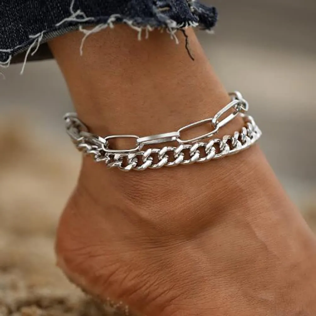 Silver Fashion Loop Pin Thick Chain Anklet Adjustable Foot Jewelry for Girls Extremely Simple Style Set 2 Pack