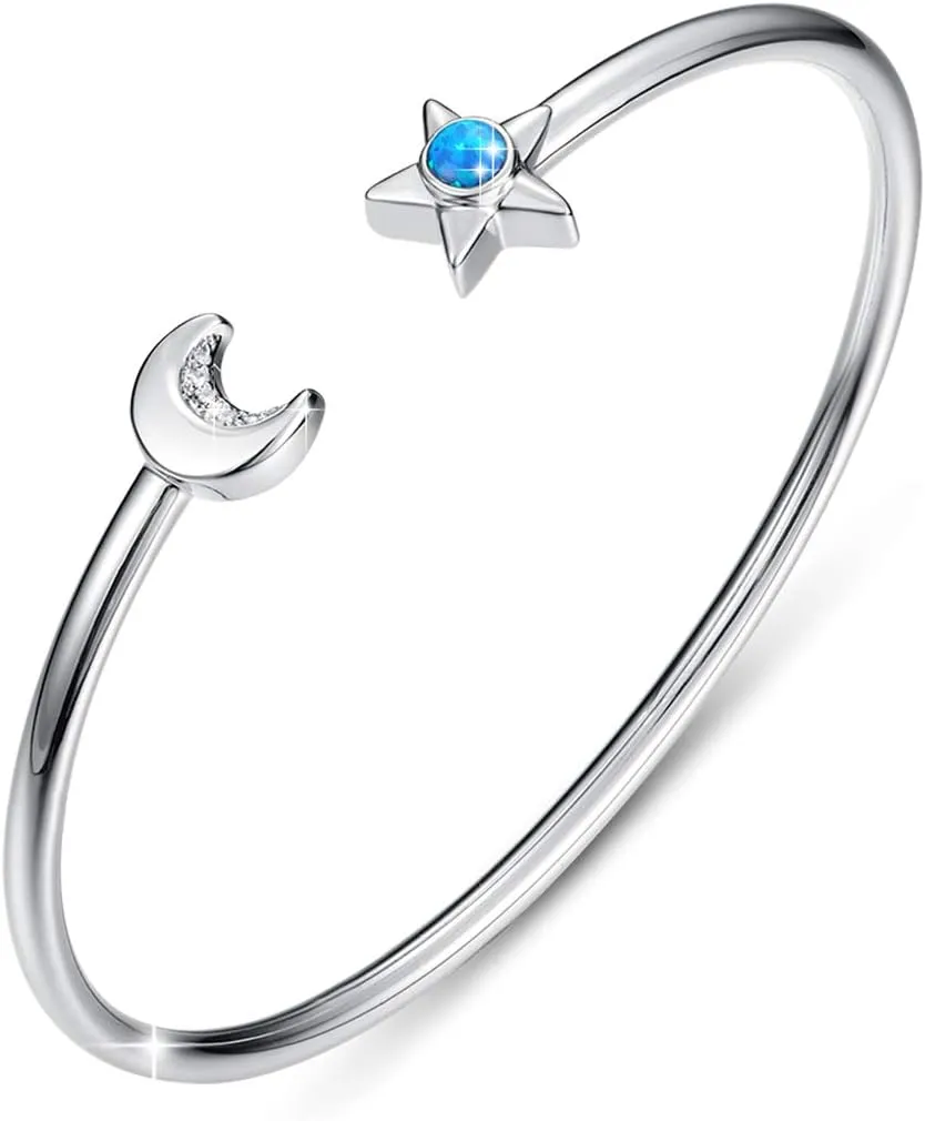SIMPLGIRL Moon Star Cuff Bangle Bracelets for Women 18K White Gold Plated Open Bangles Opal Cuff Best Friend Friendship Relationship Bracelet Gift