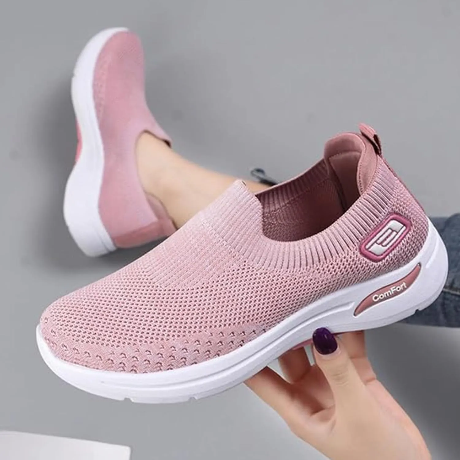 Slip On Orthopedic Sneakers for Women Breathable Mesh Woven Low Top Walking Shoes Wide Width Soft Sole Arch Support Shoe Comfy Work Walking Shoes Lightweight Tennis Sneaker