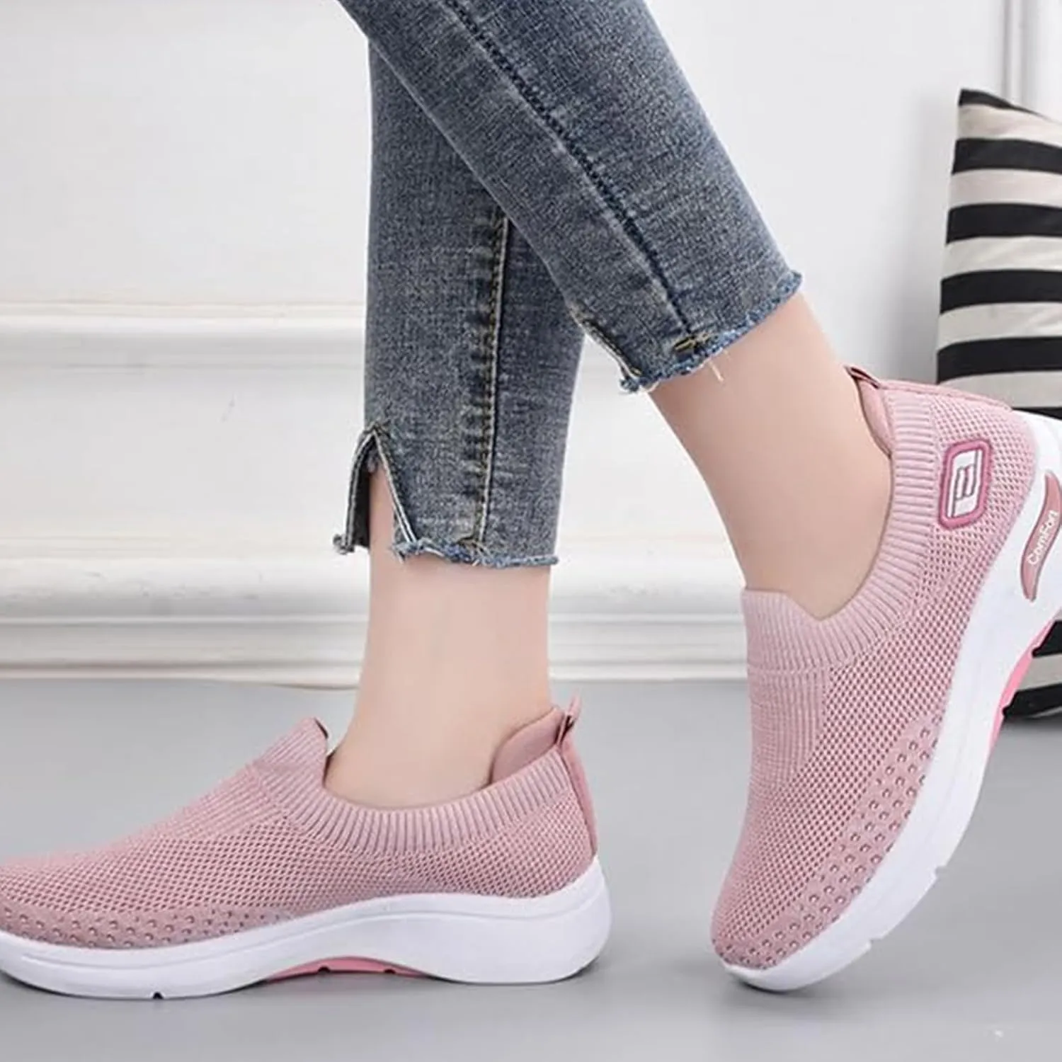 Slip On Orthopedic Sneakers for Women Breathable Mesh Woven Low Top Walking Shoes Wide Width Soft Sole Arch Support Shoe Comfy Work Walking Shoes Lightweight Tennis Sneaker