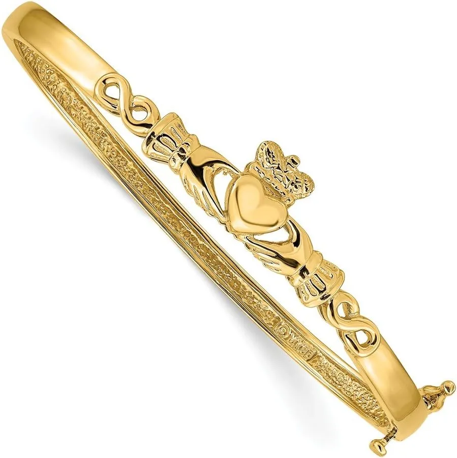 Solid 14k Yellow Gold 4mm Diamond-cut Celtic Irish Claddagh Hinged Bangle Cuff Bracelet