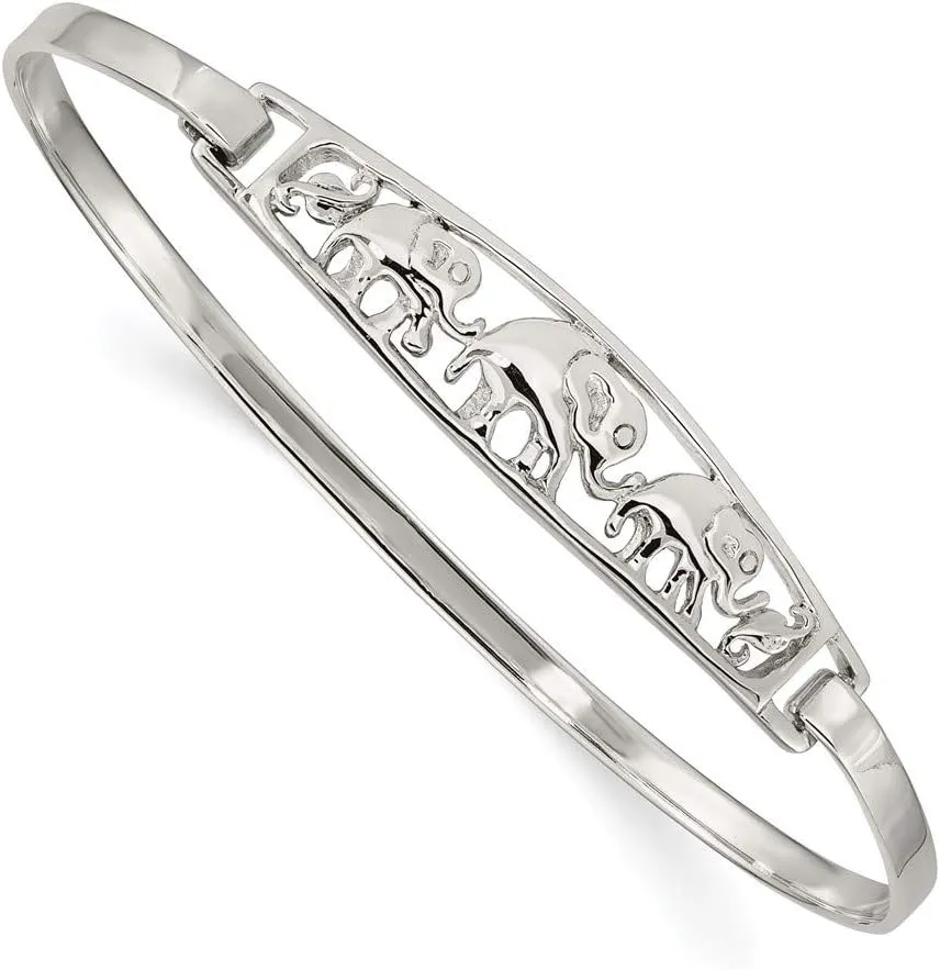Solid 925 Sterling Silver Elephant Hinged Bangle Cuff Bracelet (Width = 23mm)