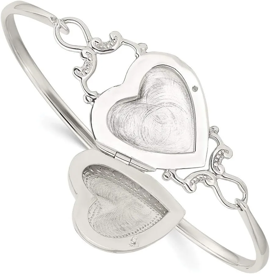 Solid 925 Sterling Silver Heart Locket Flexible Bangle Cuff Bracelet