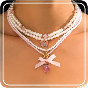 Strawberry Necklace Y2K Pearl Strawberry Bow Butterfly Heart Choker Beaded Boho Summer Benchy Lovely Fruit Pendant Layered Necklace Jewelry for Women