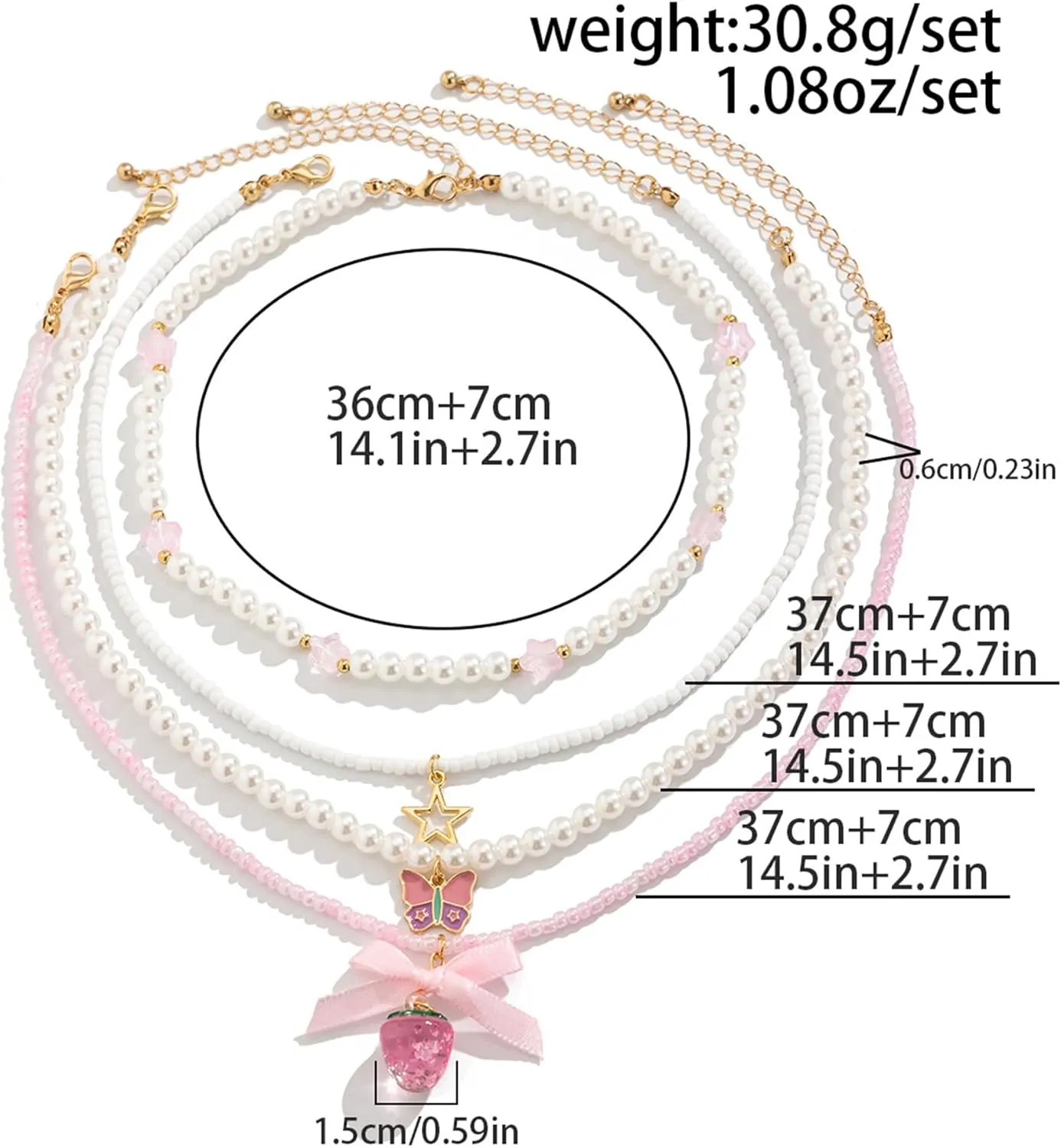 Strawberry Necklace Y2K Pearl Strawberry Bow Butterfly Heart Choker Beaded Boho Summer Benchy Lovely Fruit Pendant Layered Necklace Jewelry for Women