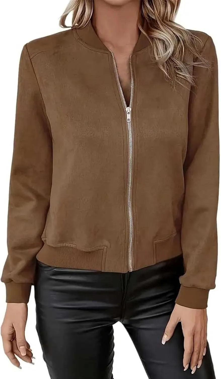 Suede Jackets for Women 2024 Comfy Cropped Zip Up Jackets Trendy Faux Leather Casual Jacket Outwear with Pockets