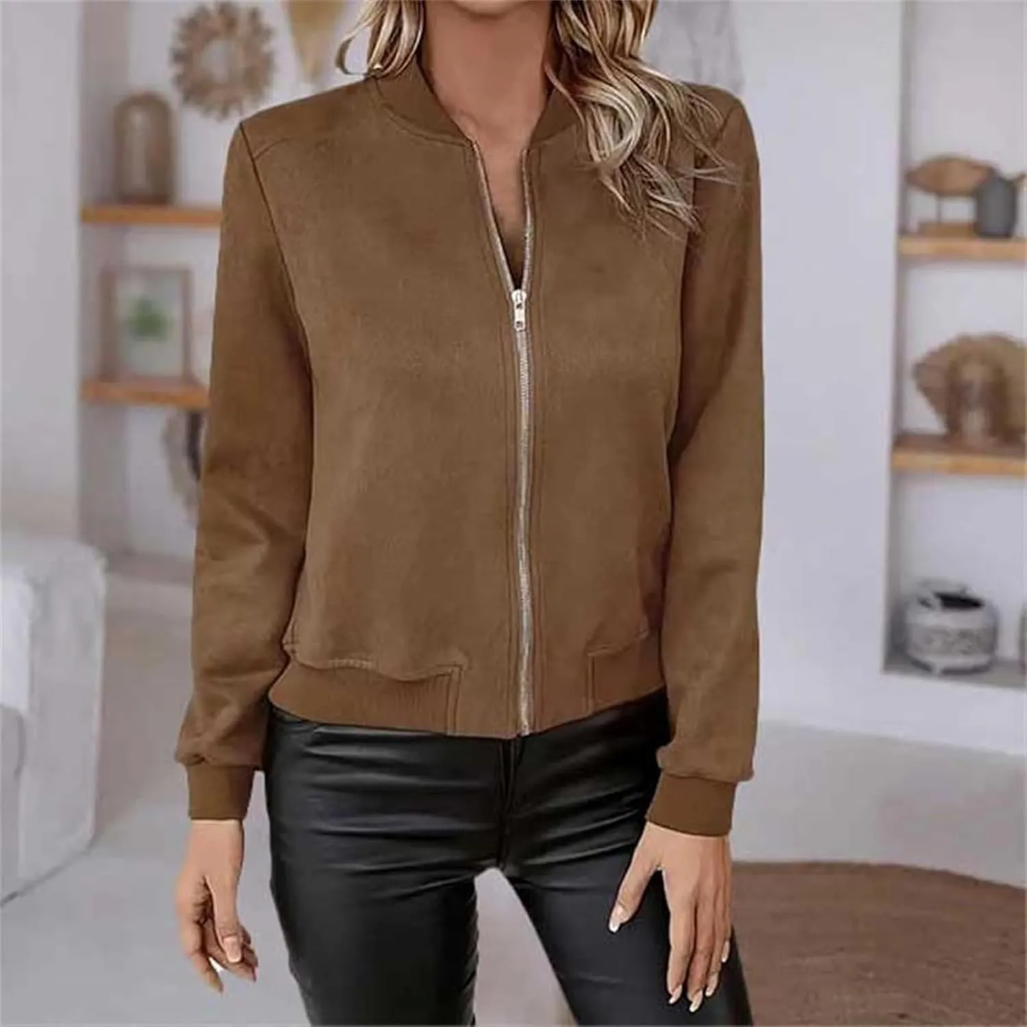 Suede Jackets for Women 2024 Comfy Cropped Zip Up Jackets Trendy Faux Leather Casual Jacket Outwear with Pockets