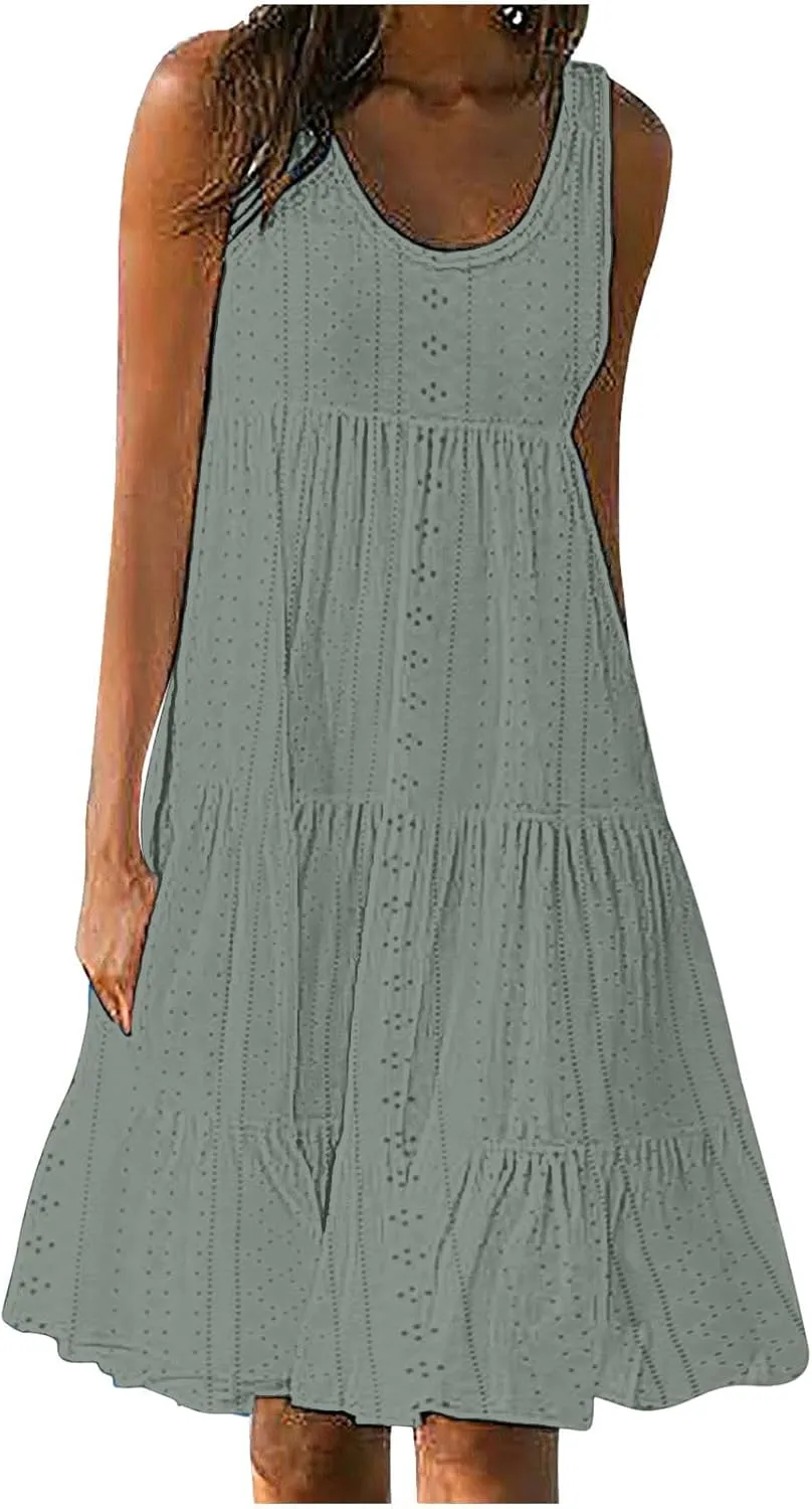 Summer Casual Tank Dress Sleeveless Hollow Out T Shirt Dresses Flowy Ruffle Tiered Swing Mini Beach Vacation Sundress
