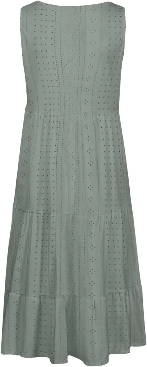 Summer Casual Tank Dress Sleeveless Hollow Out T Shirt Dresses Flowy Ruffle Tiered Swing Mini Beach Vacation Sundress