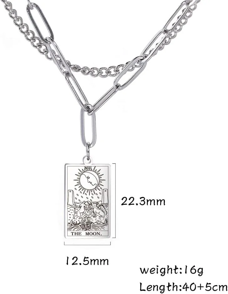 TEAMER Double Layer Necklace Vintage Tarot Jewelry Good Luck Amulet Pendants Stainless Steel Necklace