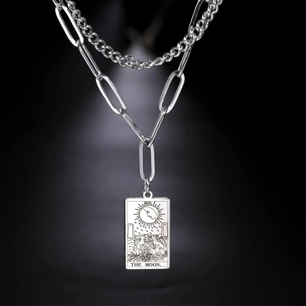 TEAMER Double Layer Necklace Vintage Tarot Jewelry Good Luck Amulet Pendants Stainless Steel Necklace