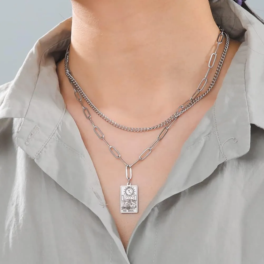TEAMER Double Layer Necklace Vintage Tarot Jewelry Good Luck Amulet Pendants Stainless Steel Necklace