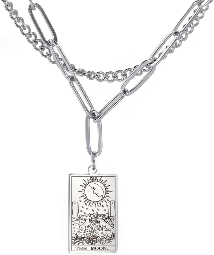 TEAMER Double Layer Necklace Vintage Tarot Jewelry Good Luck Amulet Pendants Stainless Steel Necklace