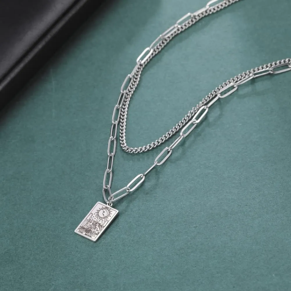 TEAMER Double Layer Necklace Vintage Tarot Jewelry Good Luck Amulet Pendants Stainless Steel Necklace