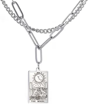 TEAMER Double Layer Necklace Vintage Tarot Jewelry Good Luck Amulet Pendants Stainless Steel Necklace